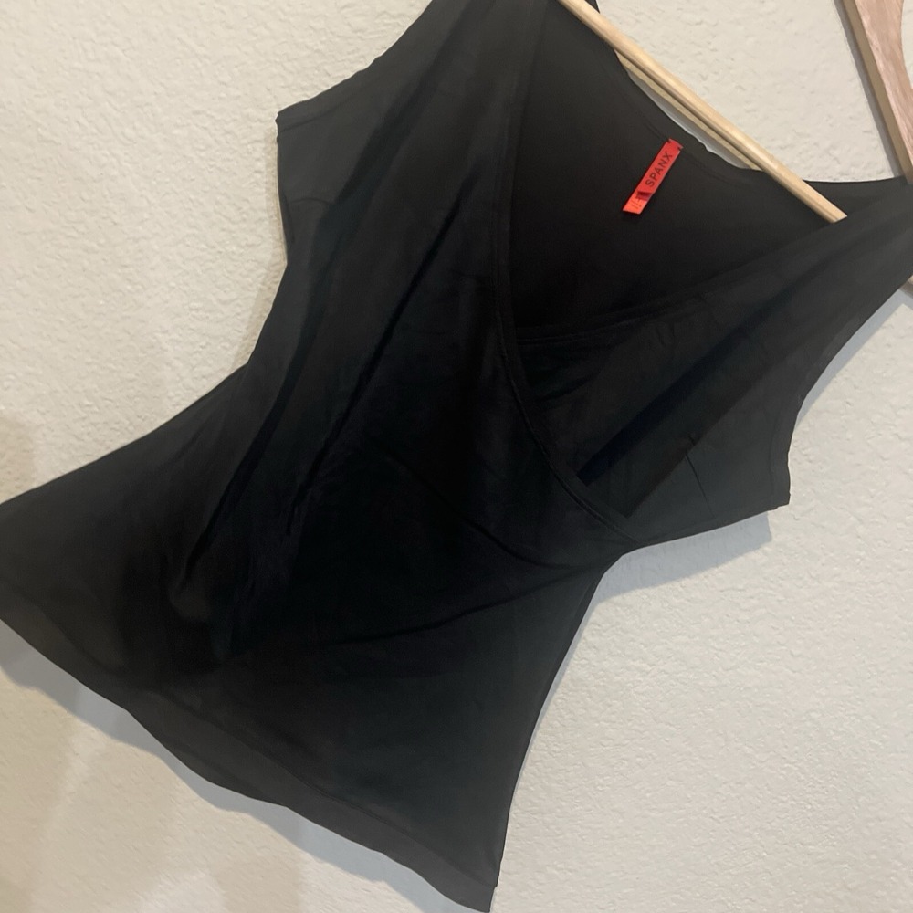 Spanx Womens Top BLACK Tank Cami Crossover Shapewear Slimming Stretch LARGE